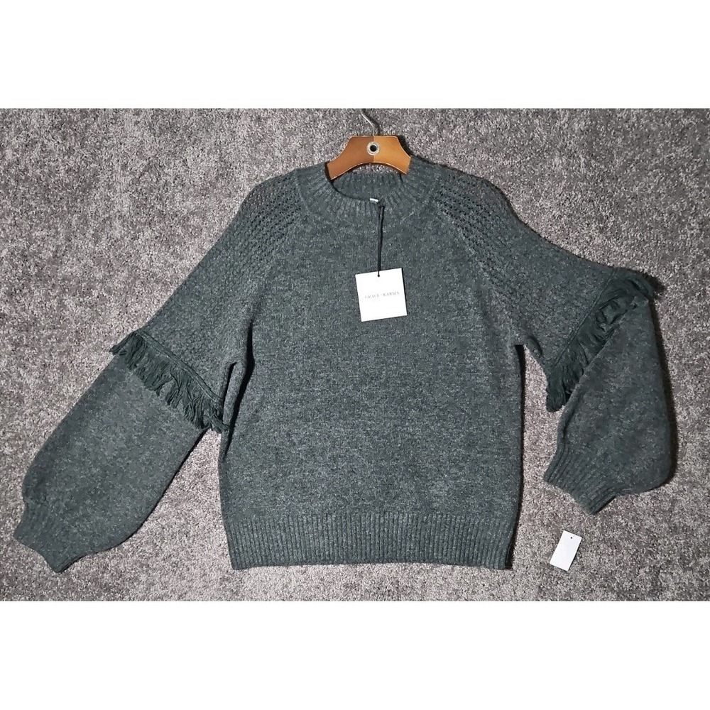 Womens Grey Fringed Knit Sweater Long Sleeved By Grace + Karma. NWT MED